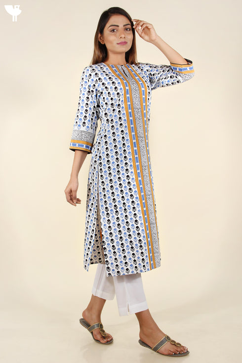 Bizzy Lizzy Kurta and Chiffon Dupatta In Cornflower Blue and Mustard Yellow Floral Block Print