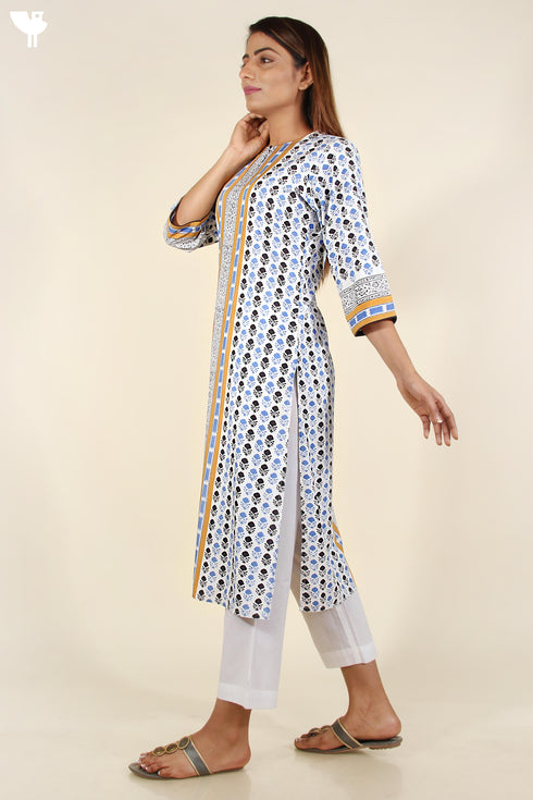 Bizzy Lizzy Kurta and Chiffon Dupatta In Cornflower Blue and Mustard Yellow Floral Block Print