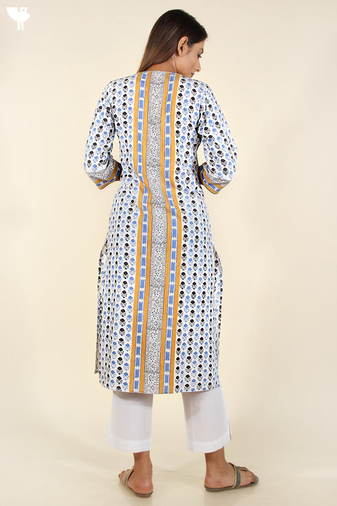 Bizzy Lizzy Kurta and Chiffon Dupatta In Cornflower Blue and Mustard Yellow Floral Block Print