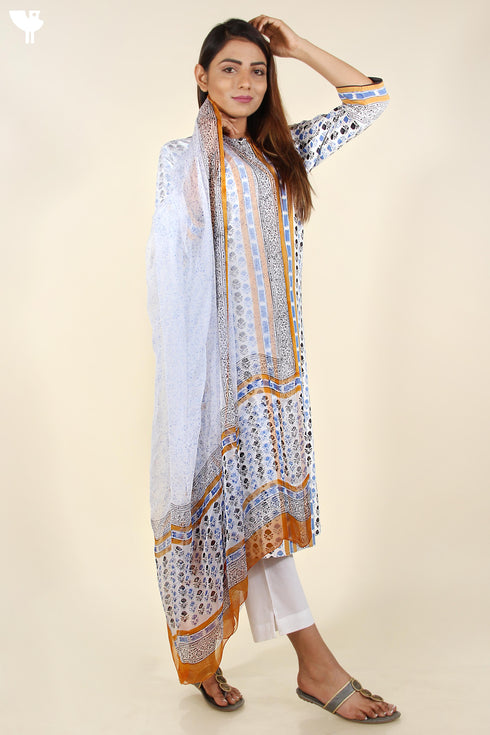 Bizzy Lizzy Kurta and Chiffon Dupatta In Cornflower Blue and Mustard Yellow Floral Block Print