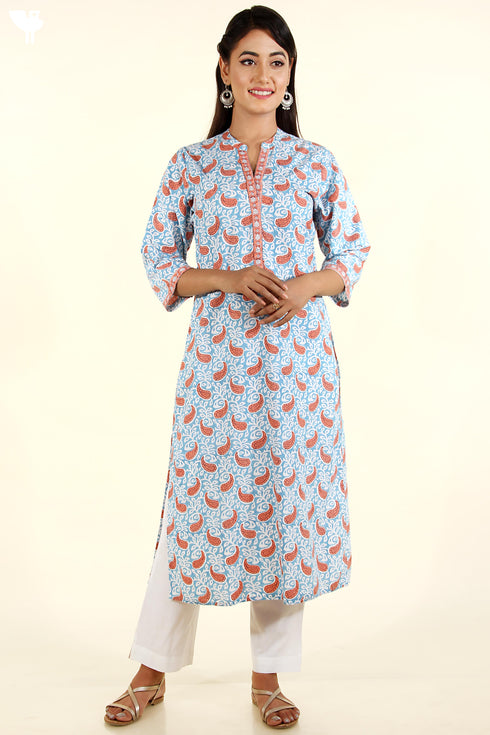 Bizzy Lizzy Kurta And Chiffon Dupatta Set in Sky Blue Paisley Block Print