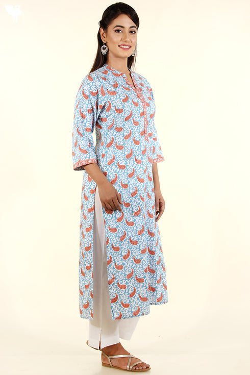 Bizzy Lizzy Kurta And Chiffon Dupatta Set in Sky Blue Paisley Block Print