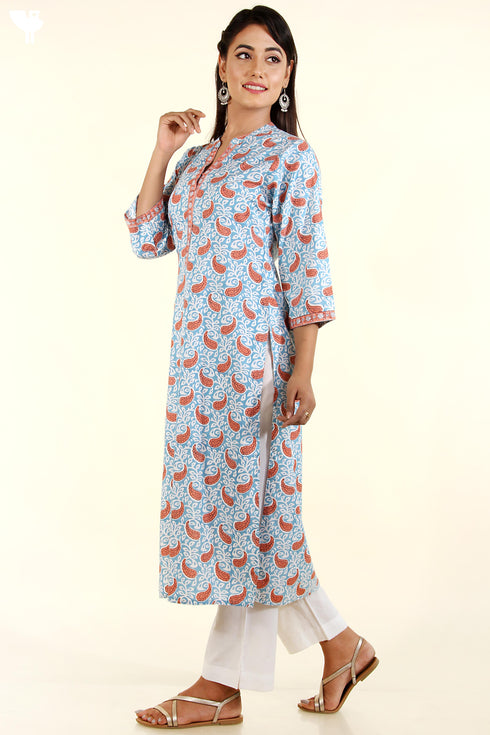 Bizzy Lizzy Kurta And Chiffon Dupatta Set in Sky Blue Paisley Block Print