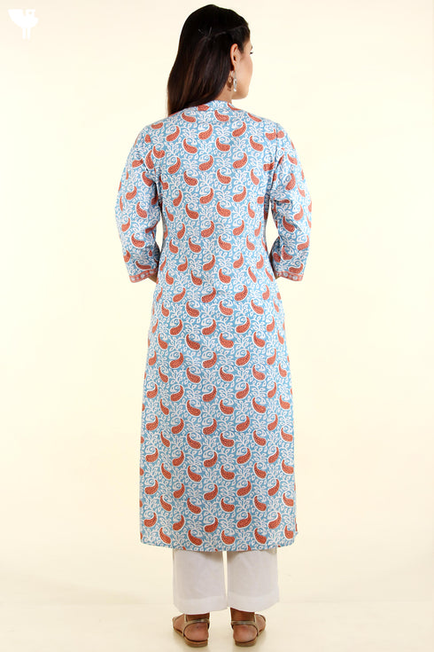 Bizzy Lizzy Kurta And Chiffon Dupatta Set in Sky Blue Paisley Block Print