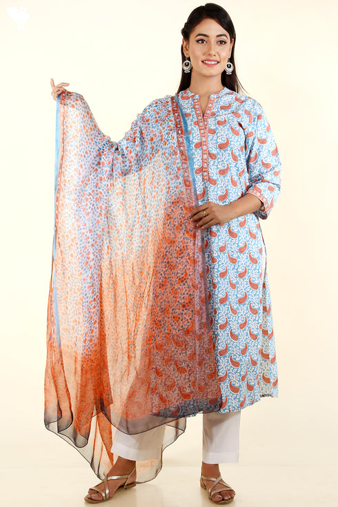 Bizzy Lizzy Kurta And Chiffon Dupatta Set in Sky Blue Paisley Block Print