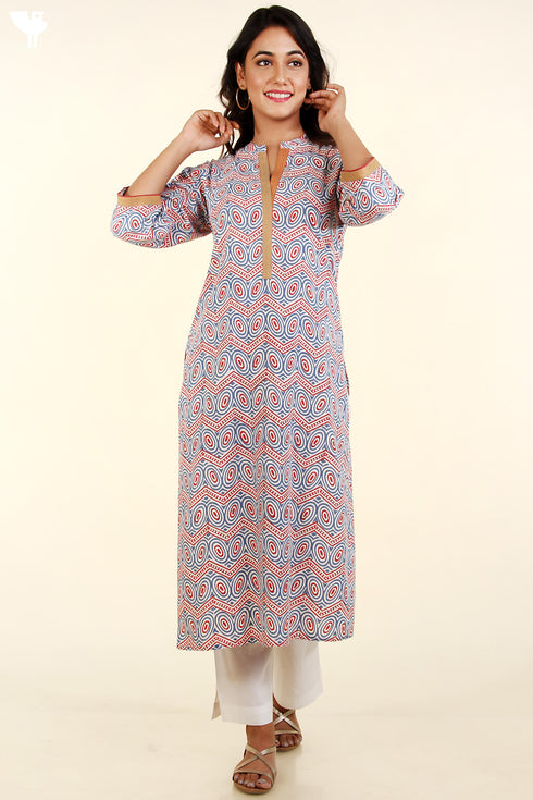 Bizzy Lizzy Kurta And Chiffon Dupatta Set In Indian RedAnd Blue Graphic Block Print