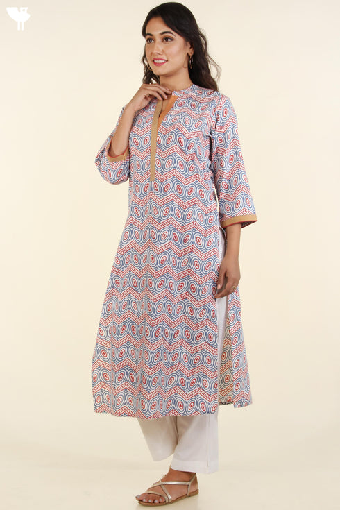 Bizzy Lizzy Kurta And Chiffon Dupatta Set In Indian RedAnd Blue Graphic Block Print