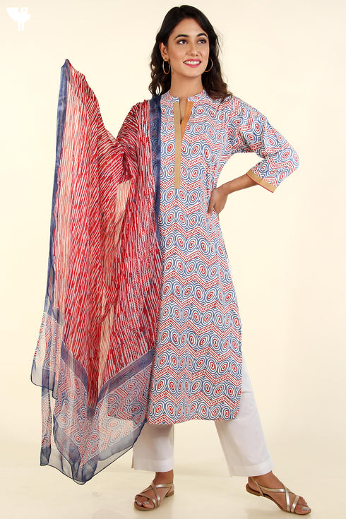 Bizzy Lizzy Kurta And Chiffon Dupatta Set In Indian RedAnd Blue Graphic Block Print