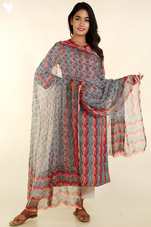 Bizzy Lizzy Kurta and Chiffon Dupatta In Graphic Block Print