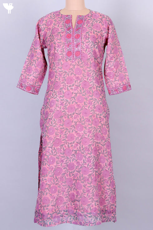 Kota Doria Kurta And Dupatta In Floral Block Print