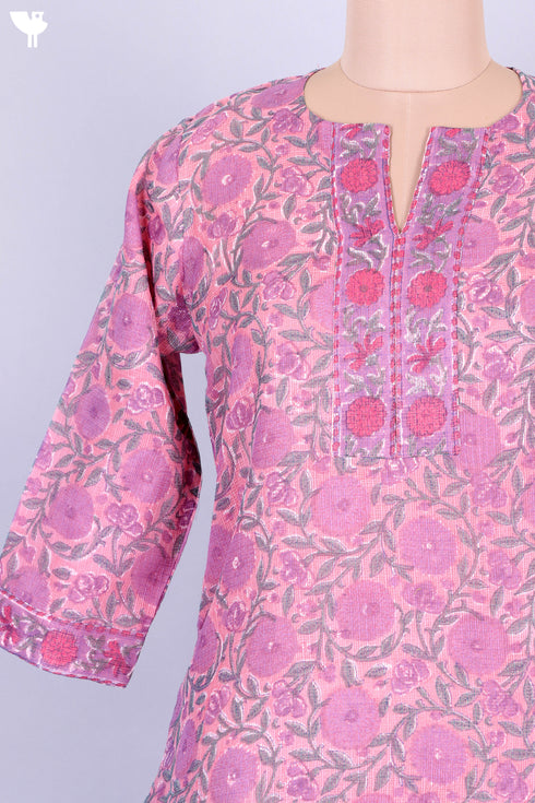 Kota Doria Kurta And Dupatta In Floral Block Print