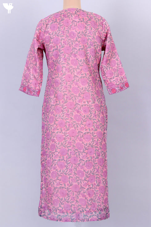 Kota Doria Kurta And Dupatta In Floral Block Print