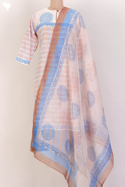 Slub Cotton Kurta and Kota Doria Dupatta In GraphicBlock Print