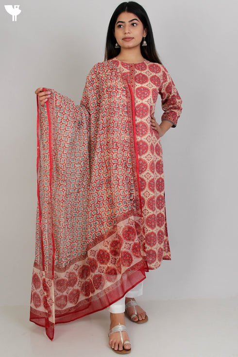 Terry Voile Kurta And Kota Dupatta Set In Graphic Block Print