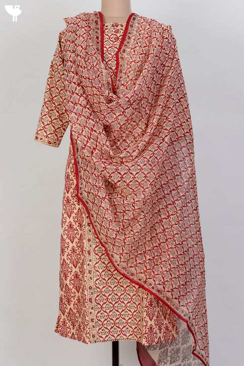 Terry Voile Kurta And Kota Dupatta Set In Floral Block Print