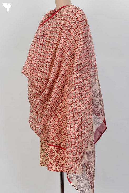 Terry Voile Kurta And Kota Dupatta Set In Floral Block Print