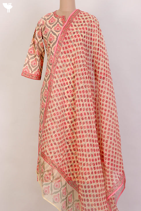 Terry Voile Kurta And Kota Dupatta Set In Floral Block Print