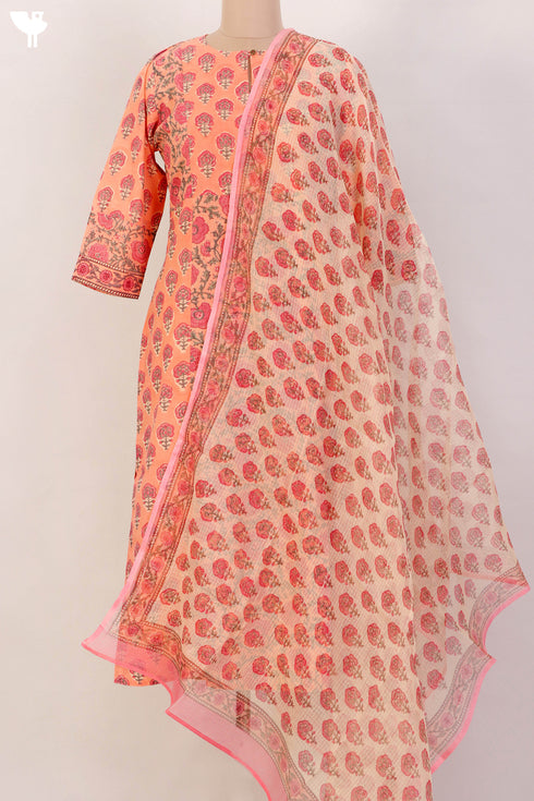 Terry Voile Kurta And Kota Dupatta Set In Floral Block Print