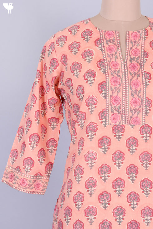 Terry Voile Kurta And Kota Dupatta Set In Floral Block Print