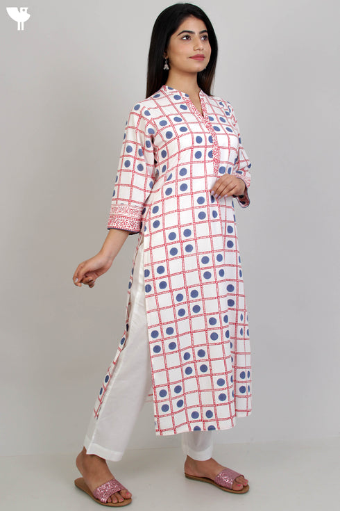 Bizzy Lizzy Kurta With Kota Doria Dupatta in Graphic Block Print