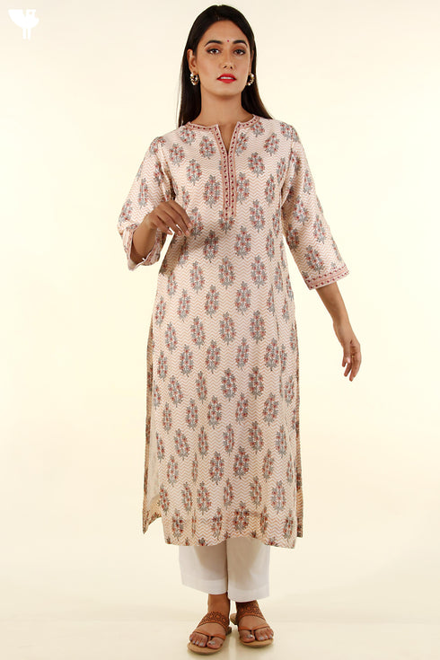 Chanderi Silk Kurta With Dupatta In Peach Floral Block Print