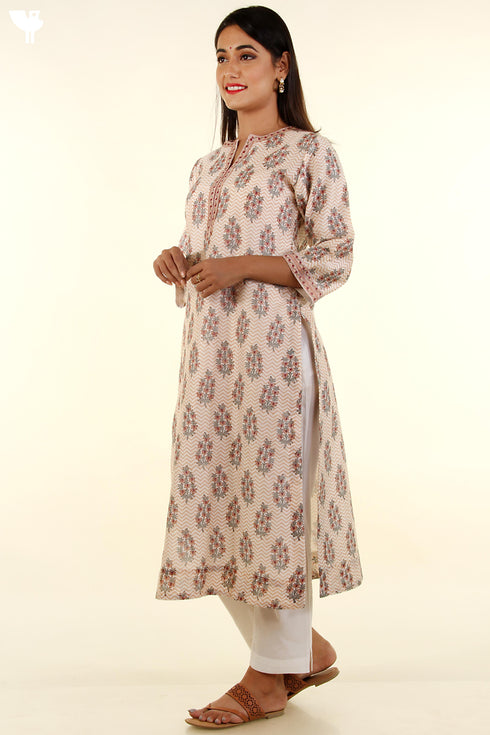 Chanderi Silk Kurta With Dupatta In Peach Floral Block Print