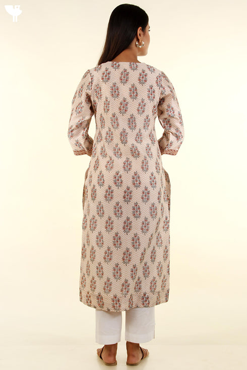 Chanderi Silk Kurta With Dupatta In Peach Floral Block Print