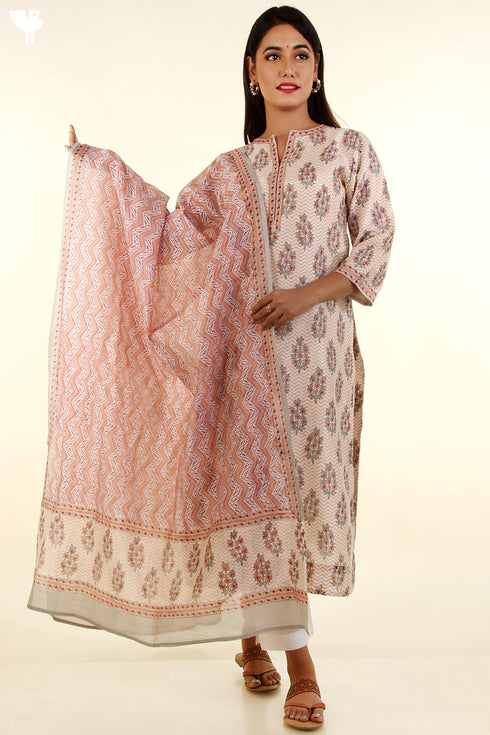 Chanderi Silk Kurta With Dupatta In Peach Floral Block Print