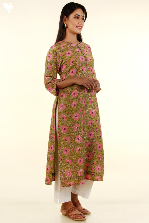 Chanderi Silk Kurta With Dupatta In Chartreuse Green And Pink Floral Block Print