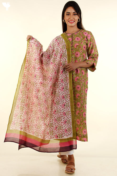 Chanderi Silk Kurta With Dupatta In Chartreuse Green And Pink Floral Block Print