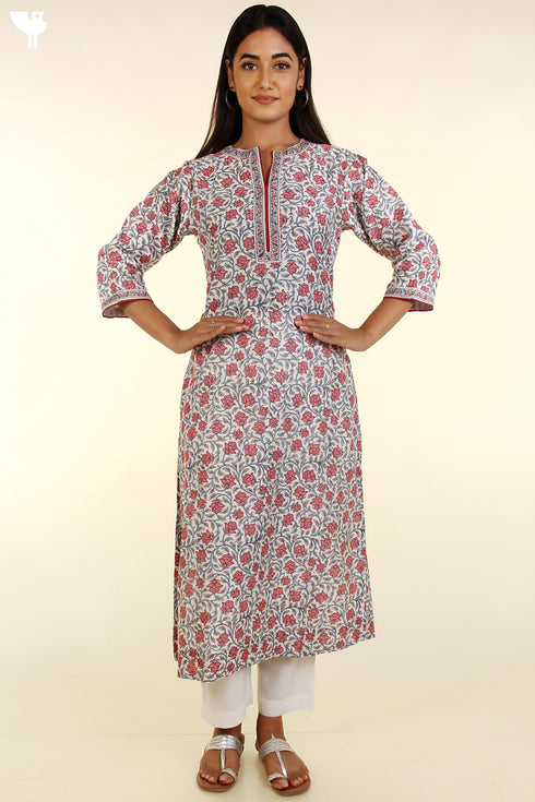 Chanderi Silk Kurta With Dupatta In Floral Block Print