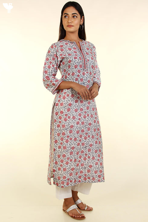 Chanderi Silk Kurta With Dupatta In Floral Block Print