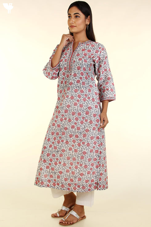 Chanderi Silk Kurta With Dupatta In Floral Block Print