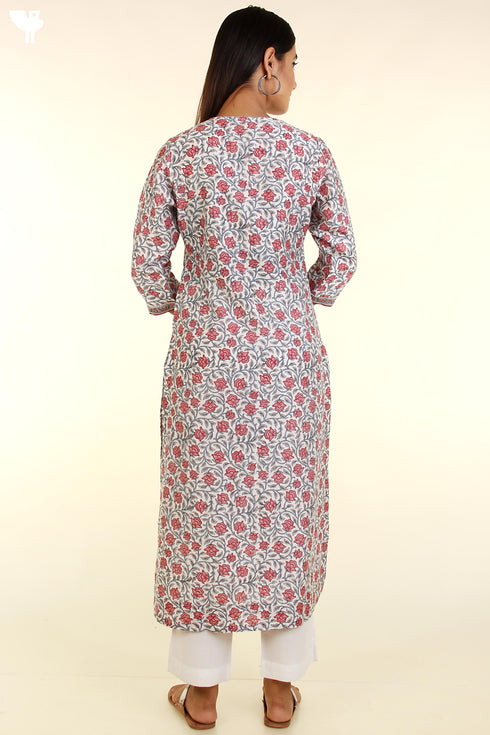 Chanderi Silk Kurta With Dupatta In Floral Block Print