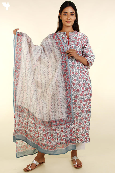 Chanderi Silk Kurta With Dupatta In Floral Block Print