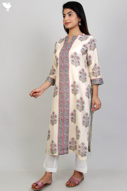 Chanderi Silk Kurta With Dupatta In Floral Block Print