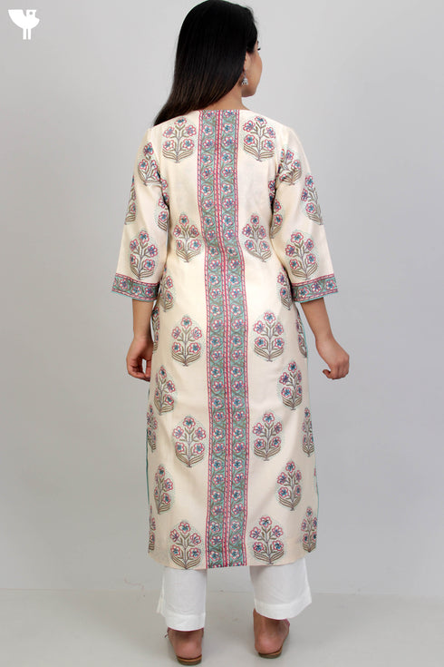 Chanderi Silk Kurta With Dupatta In Floral Block Print