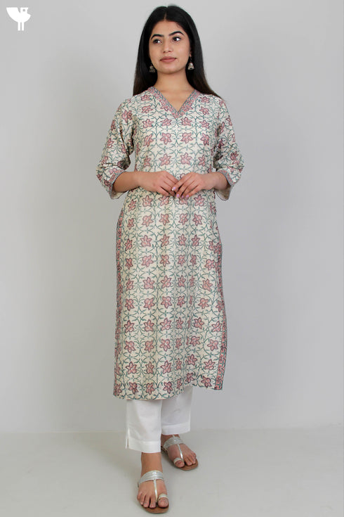 Chanderi Silk Kurta With Dupatta In Floral Block Print