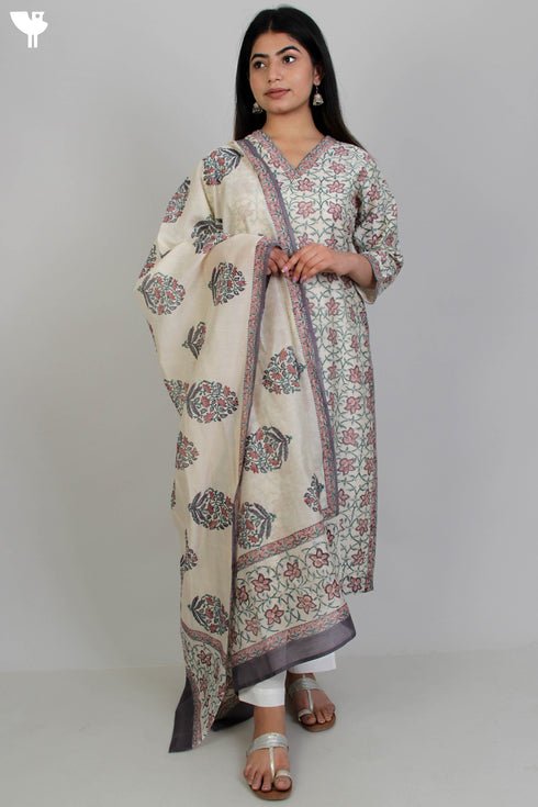 Chanderi Silk Kurta With Dupatta In Floral Block Print