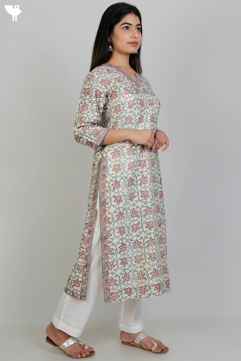 Chanderi Silk Kurta With Dupatta In Floral Block Print