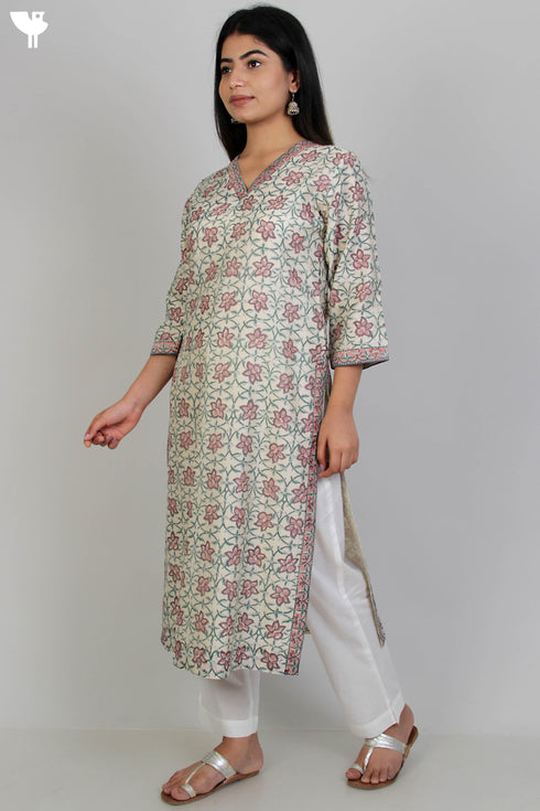 Chanderi Silk Kurta With Dupatta In Floral Block Print