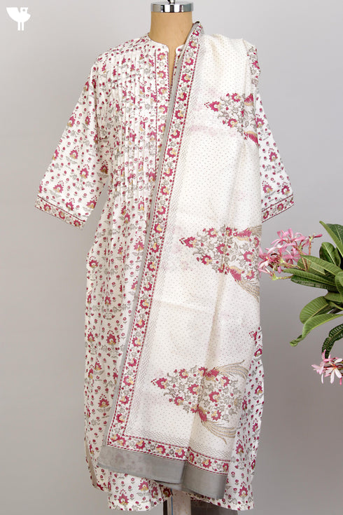 Chanderi Kurta/Dupatta Set in Pink Floral Hand Block Print
