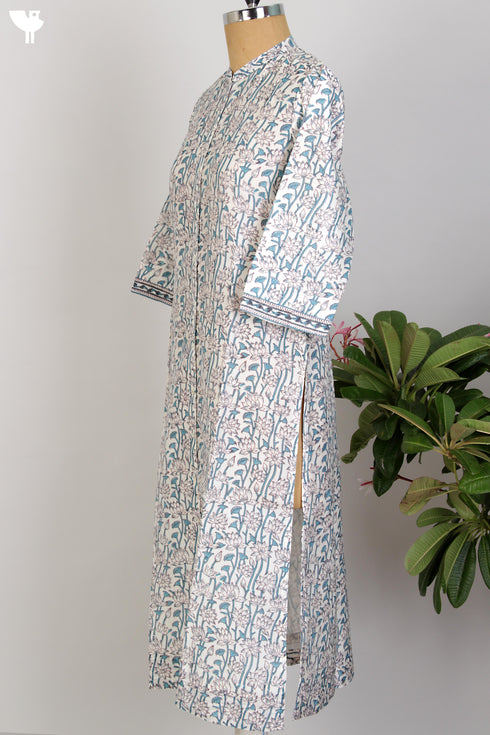 Chanderi Silk Kurta/Dupatta Set in Aqua Blue Lotus Block Print