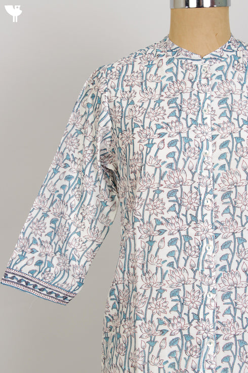 Chanderi Silk Kurta/Dupatta Set in Aqua Blue Lotus Block Print