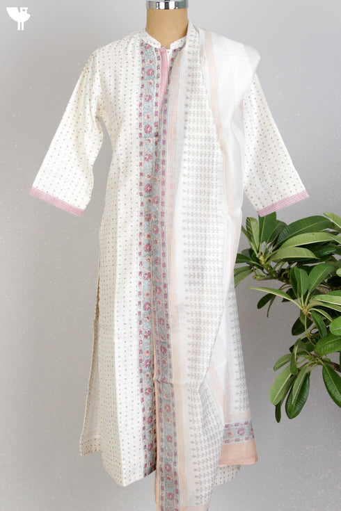 Chanderi Silk Kurta With Dupatta In Floral Block Print