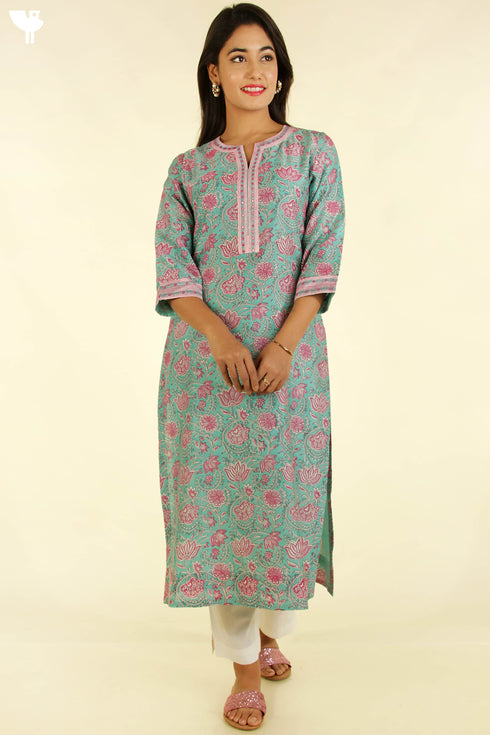 Chanderi Silk Kurta And Dupatta Set in Floral Block Print With Sequins