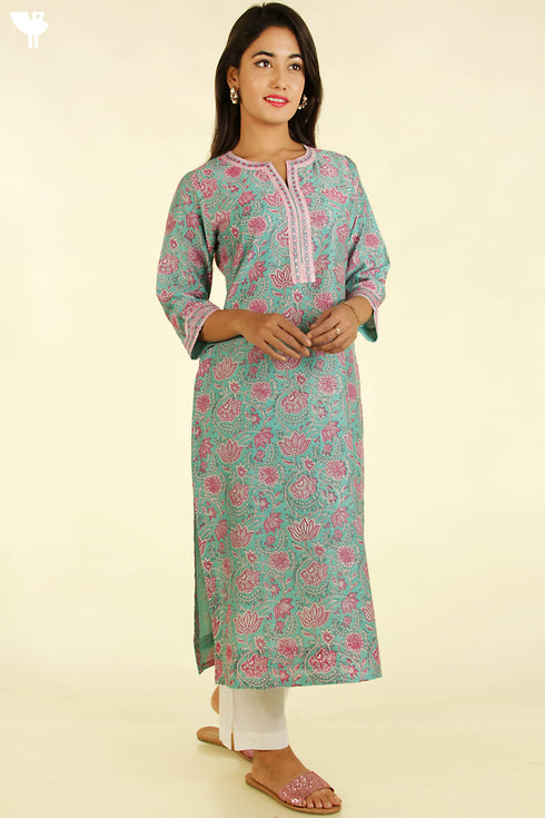 Chanderi Silk Kurta And Dupatta Set in Floral Block Print With Sequins