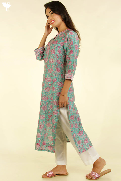 Chanderi Silk Kurta And Dupatta Set in Floral Block Print With Sequins