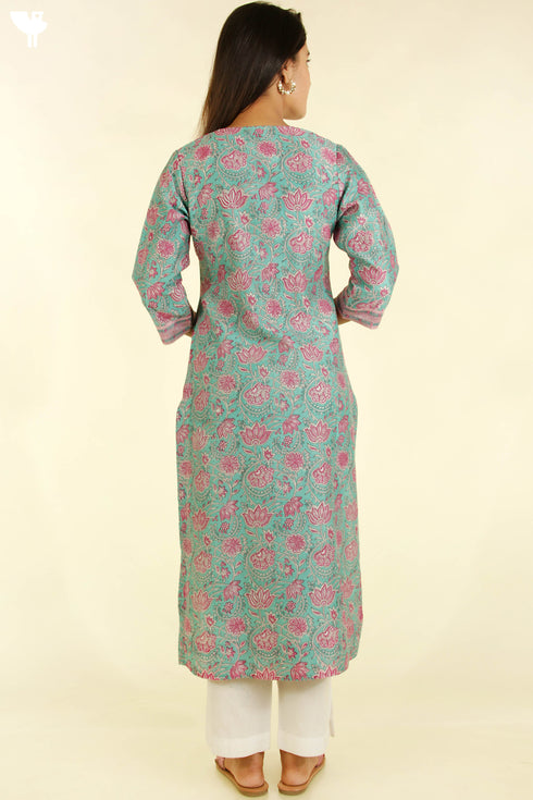 Chanderi Silk Kurta And Dupatta Set in Floral Block Print With Sequins