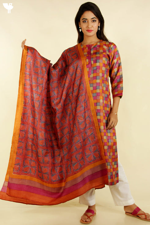 Tussar Silk Kurta And Dupatta Set In Geometric Block Print